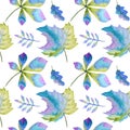 Seamless pattern Watercolor Bright Autumn leaves. Green, blue and purple colors Hand Drawn Autumn leaf on a white Royalty Free Stock Photo