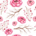 Seamless Pattern of Watercolor Bright Pink Roses