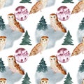 Seamless pattern with watercolor brown owls illustrations with watercolor backdrop.
