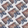 Seamless pattern watercolor brown retro folder for documents, papers and binoculars on grey background. Military bag for