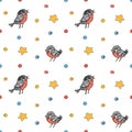 Seamless pattern with watercolor bullfinches and color confetti - Christmas background for winter holidays textile or wrapping