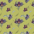 Seamless pattern with watercolor bunch of dark flowers and leaves isolated on green. Gothic floral print hand drawn