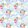 seamless pattern with watercolor bundles of colorful balloons in the clouds