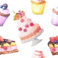 Seamless pattern with watercolor cakes Royalty Free Stock Photo