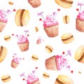 Seamless pattern with watercolor cakes and macaroons on a white background. Hand-drawn Royalty Free Stock Photo