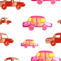 Seamless pattern with Watercolor Cars. Children\'s cute pattern on a white background