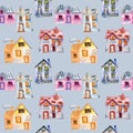 Seamless pattern with watercolor cartoon private houses