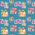 Seamless pattern with watercolor cartoon private houses