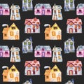 Seamless pattern with watercolor cartoon private houses