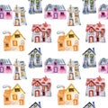 Seamless pattern with watercolor cartoon private houses