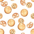 Seamless pattern watercolor chocolatechip and chocolate cookie, dessert background Royalty Free Stock Photo