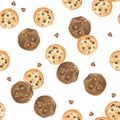 Seamless pattern watercolor chocolatechip and chocolate cookies, dessert background on white background Royalty Free Stock Photo