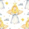 Seamless pattern with watercolor Christmas angels Royalty Free Stock Photo