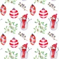 Seamless pattern of watercolor Christmas decorations, snowman and mistletoe Royalty Free Stock Photo