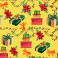 Seamless pattern with christmas elements and gifts on yellow background Royalty Free Stock Photo