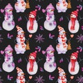 Seamless pattern of watercolor Christmas snowmen Royalty Free Stock Photo