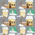 Seamless pattern Watercolor Christmas winter houses with luminous windows and snow on the roof. Christmas tree, Snowman