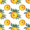 Seamless pattern watercolor citrus fruit slice of orange and green leaves greenery on white. Hand-drawn fresh summer Royalty Free Stock Photo