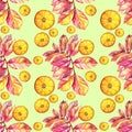 Seamless pattern watercolor citrus fruit orange circle slice and pink branch with leaves on green background. Hand drawn Royalty Free Stock Photo