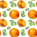 Seamless pattern watercolor citrus fruit orange slice and green leaves isolated on white background. Hand drawn food Royalty Free Stock Photo