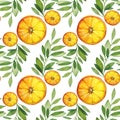 Seamless pattern watercolor citrus fruit orange slice and green leaves isolated on white background. Hand drawn food Royalty Free Stock Photo