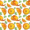 Seamless pattern watercolor citrus fruit orange slice and green leaves isolated on white background. Hand drawn food Royalty Free Stock Photo