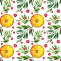 Seamless pattern watercolor citrus fruit orange slice, green leaves, red berries cranberry isolated on white background Royalty Free Stock Photo