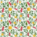 Seamless pattern watercolor citrus fruit orange slice, green leaves, red branch berries cranberry isolated on white Royalty Free Stock Photo