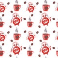 Seamless pattern with watercolor clock and cup of coffee