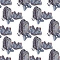 Seamless pattern watercolor clothing accessories: black army military tourism backpack, boots shoes, binoculars isolated