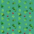 Seamless pattern with watercolor clover and ladybugs. Spring decor with green grass and bugs Royalty Free Stock Photo