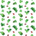 Seamless pattern with watercolor clover and ladybugs. Spring decor with green grass and bugs