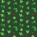 Seamless pattern with watercolor clover and ladybugs. Spring decor with green grass and bugs