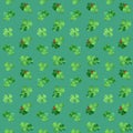 Seamless pattern with watercolor clover and ladybugs. Spring decor with green grass and bugs