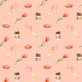 Seamless pattern of watercolor coffee, hand, hearts, donut, flower. Isolated bright illustration. Hand painted template