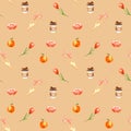 Seamless pattern of watercolor coffee, hand, hearts, donut, flower, orange. Isolated bright illustration. Hand painted template