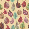 Seamless pattern Watercolor collection of autumn leaves, paint stains. green brown burgundy plants on beige background. Can be Royalty Free Stock Photo