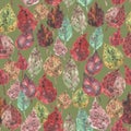 Seamless pattern Watercolor collection of autumn leaves, paint stains. green brown burgundy plants on khaki background. Can be Royalty Free Stock Photo