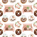 Seamless pattern of watercolor colored glazed Christmas donuts