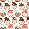 Seamless pattern of watercolor colored glazed Christmas donuts Royalty Free Stock Photo