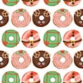 Seamless pattern of watercolor colored glazed Christmas donuts Royalty Free Stock Photo