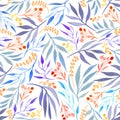 Seamless pattern with watercolor colorful branches, berries and leaves