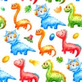 Seamless pattern watercolor colorful dinosaurs with eggs, trace, volcano ana leafs on white background. For wallpaper or print or Royalty Free Stock Photo