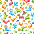 Seamless pattern watercolor colorful dinosaurs with eggs, trace, volcano ana leafs on white background.  Wallpaper or print or Royalty Free Stock Photo