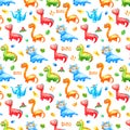 Pattern watercolor colorful dinosaurs with eggs, trace, volcano ana leafs on white background.  Wallpaper or print or Royalty Free Stock Photo