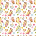 Seamless Pattern With Watercolor Colorful Funny Birds, Abstract Elements And Spots Royalty Free Stock Photo