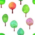 Seamless pattern of watercolor colorful trees on white background