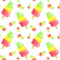 Seamless pattern with watercolor colorfull popsicles on white background