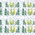 Seamless pattern with watercolor conifer trees and blue snowflakes. To design and decor backgrounds, banners, flyers