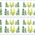 Seamless pattern with watercolor conifer trees and blue snowflakes. To design and decor backgrounds, banners, flyers